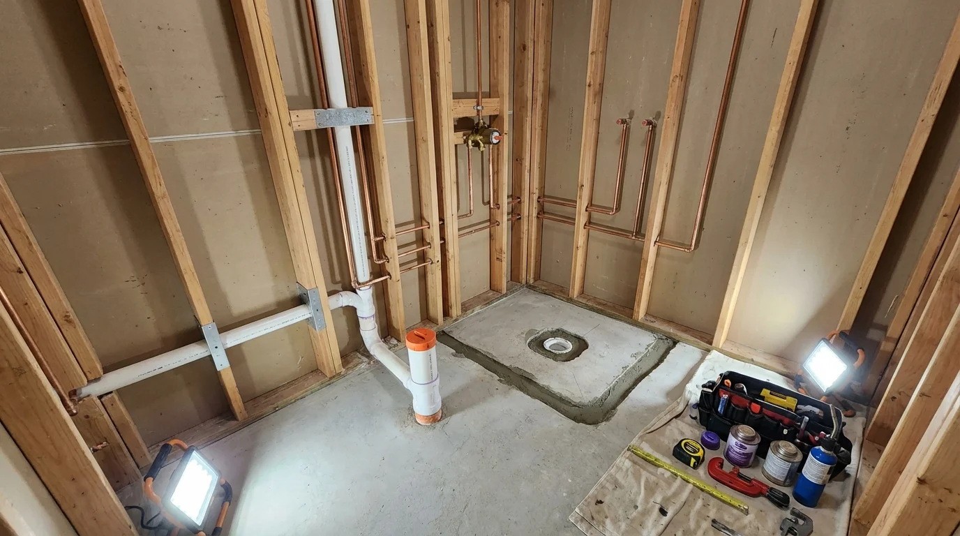 Bathroom rough-in plumbing during remodel by Johns Plumbing LLC in Renville