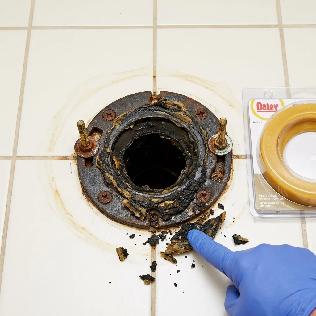 Failed wax ring showing water seepage at the base of a toilet in a Renville, MN home