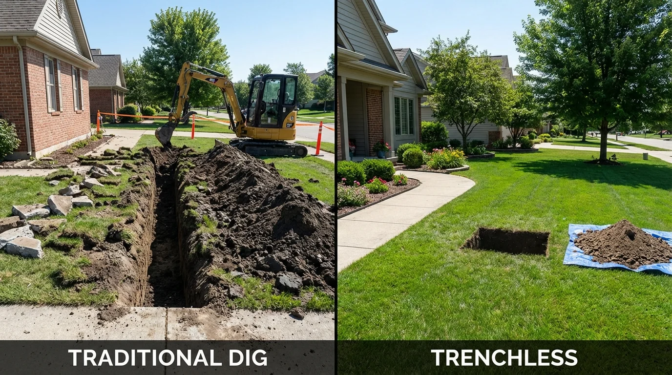 Trenchless sewer repair with minimal yard damage versus traditional excavation in Renville, MN