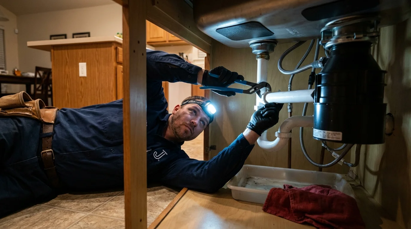 P-trap and supply line connections under a kitchen sink showing a common leak point in Renville, MN
